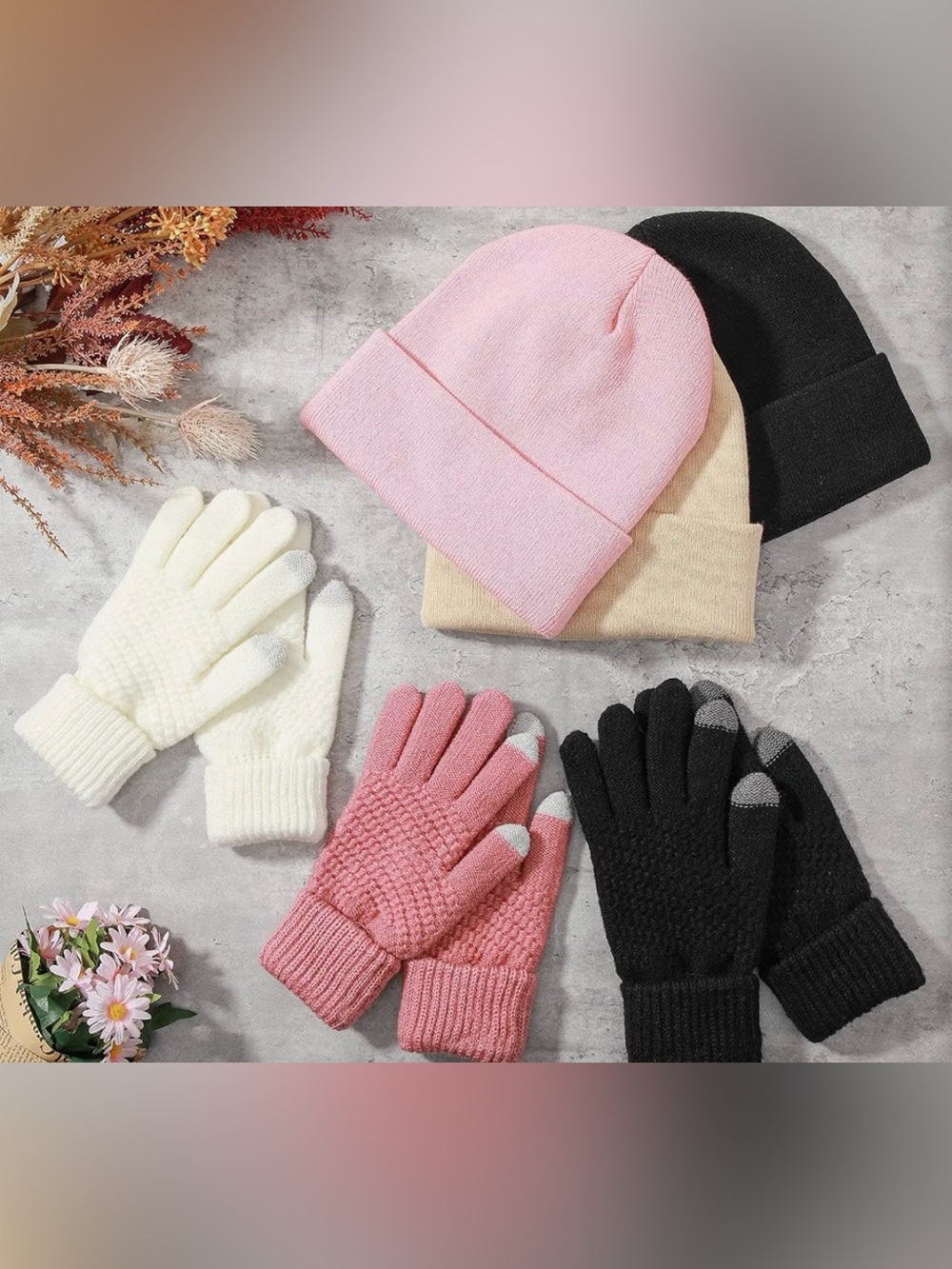 Women’s Set of 3 Beanies and Three Touchscreen Gloves- Pink, Apricot, Black